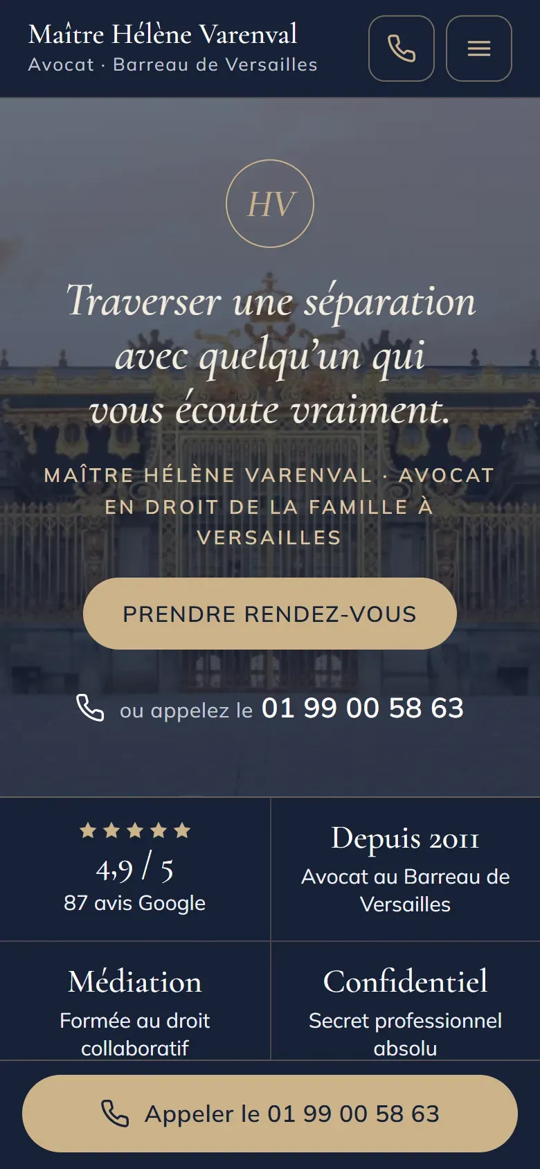 Page d’accueil de la démo Maître Hélène Varenval, sur mobile