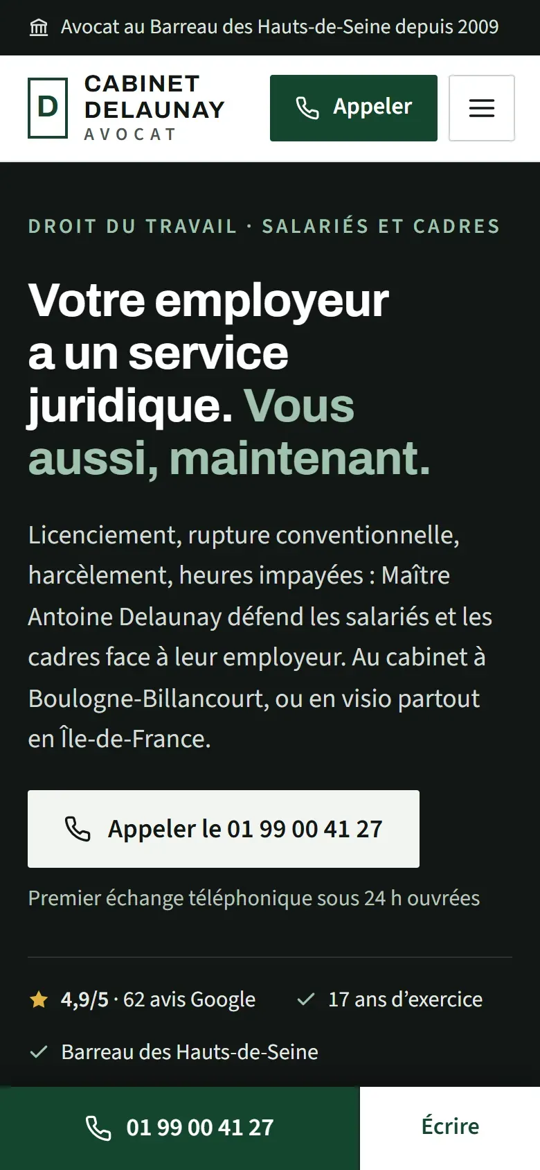 Page d’accueil de la démo Cabinet Delaunay Avocat, sur mobile
