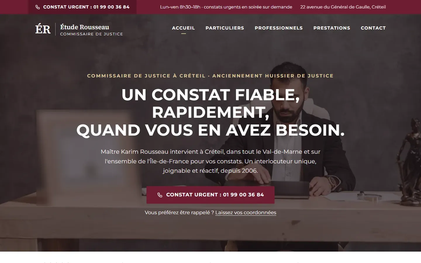 Page d’accueil de la démo Étude Rousseau, sur ordinateur