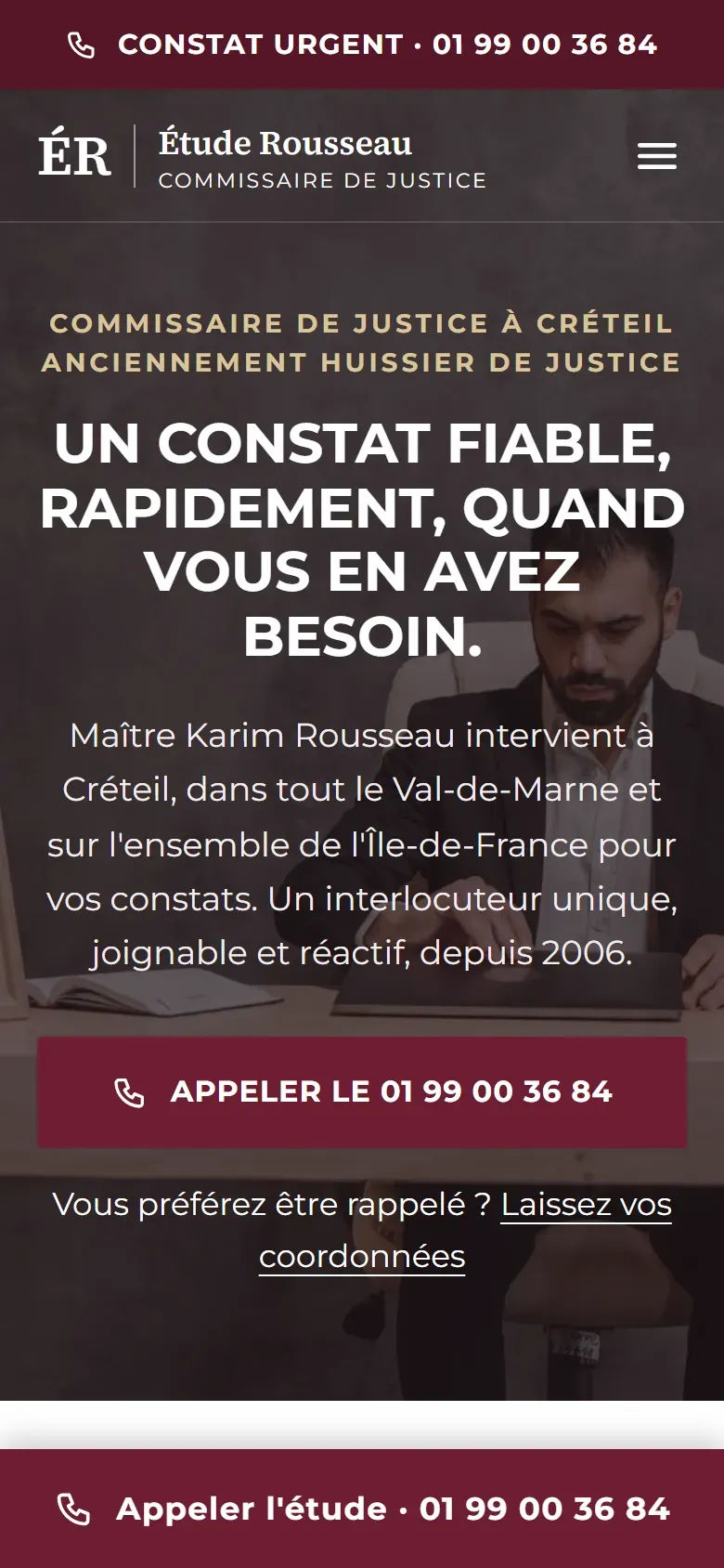 Page d’accueil de la démo Étude Rousseau, sur mobile