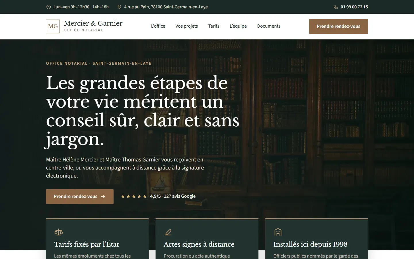 Page d’accueil de la démo Office notarial Mercier & Garnier, sur ordinateur