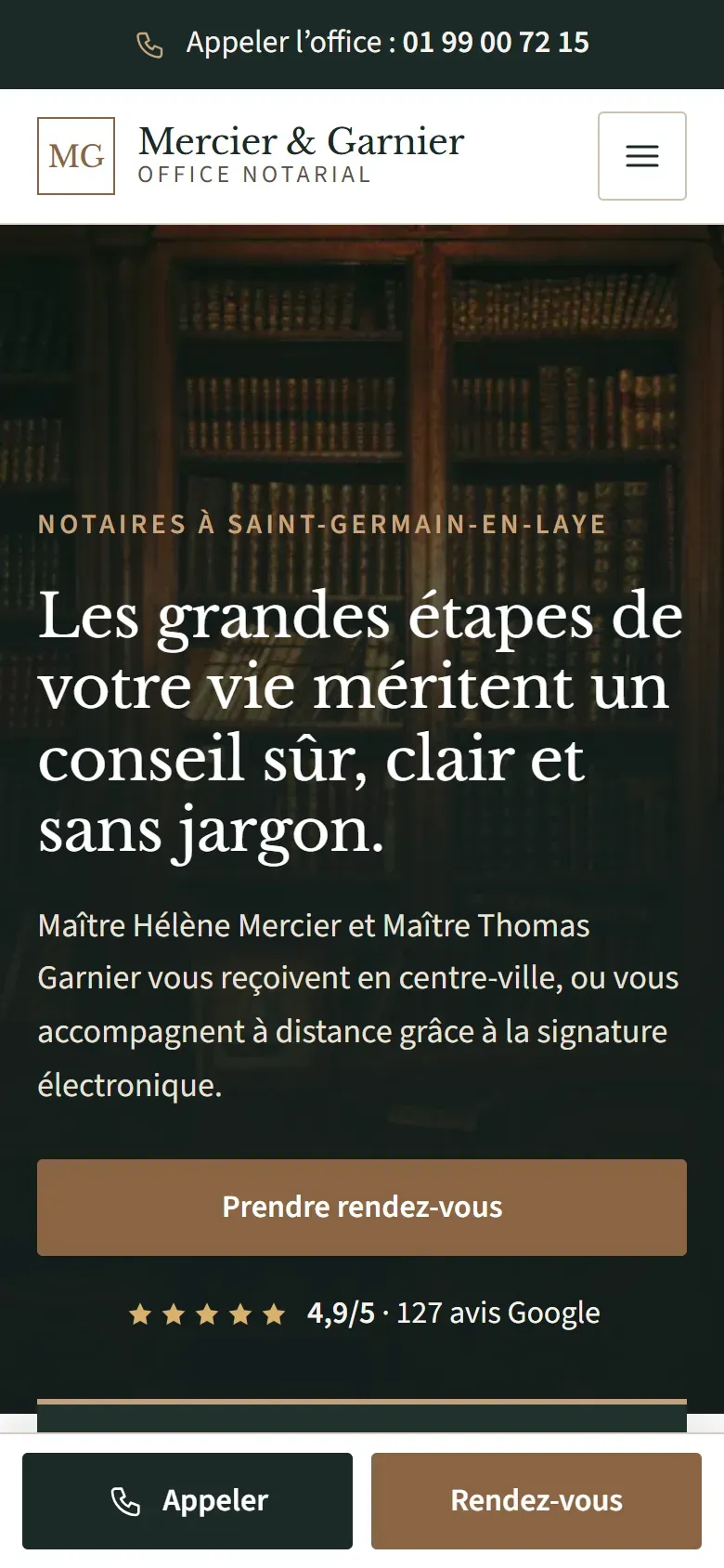 Page d’accueil de la démo Office notarial Mercier & Garnier, sur mobile